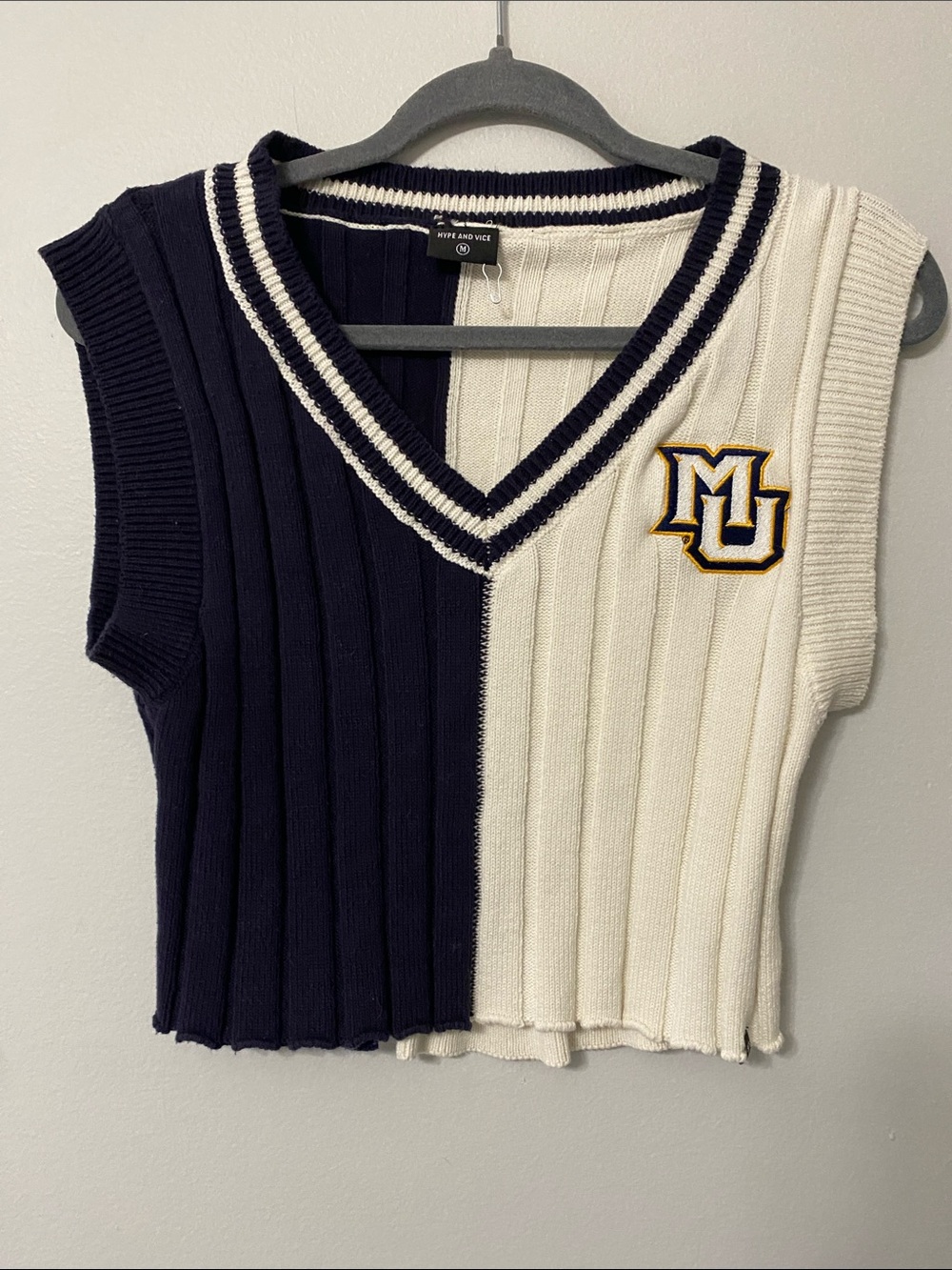 Navy and Cream V-Neck Sweater Vest with Embroidered Patch MU Marquette Univ Med
